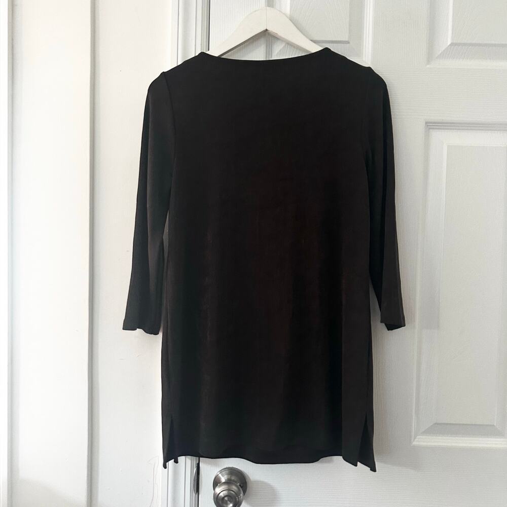 Travelers Chico's Chocolate Brown 3/4 Sleeve Slinky Tunic Top Laced Gold Chain 0 - Picture 7 of 7